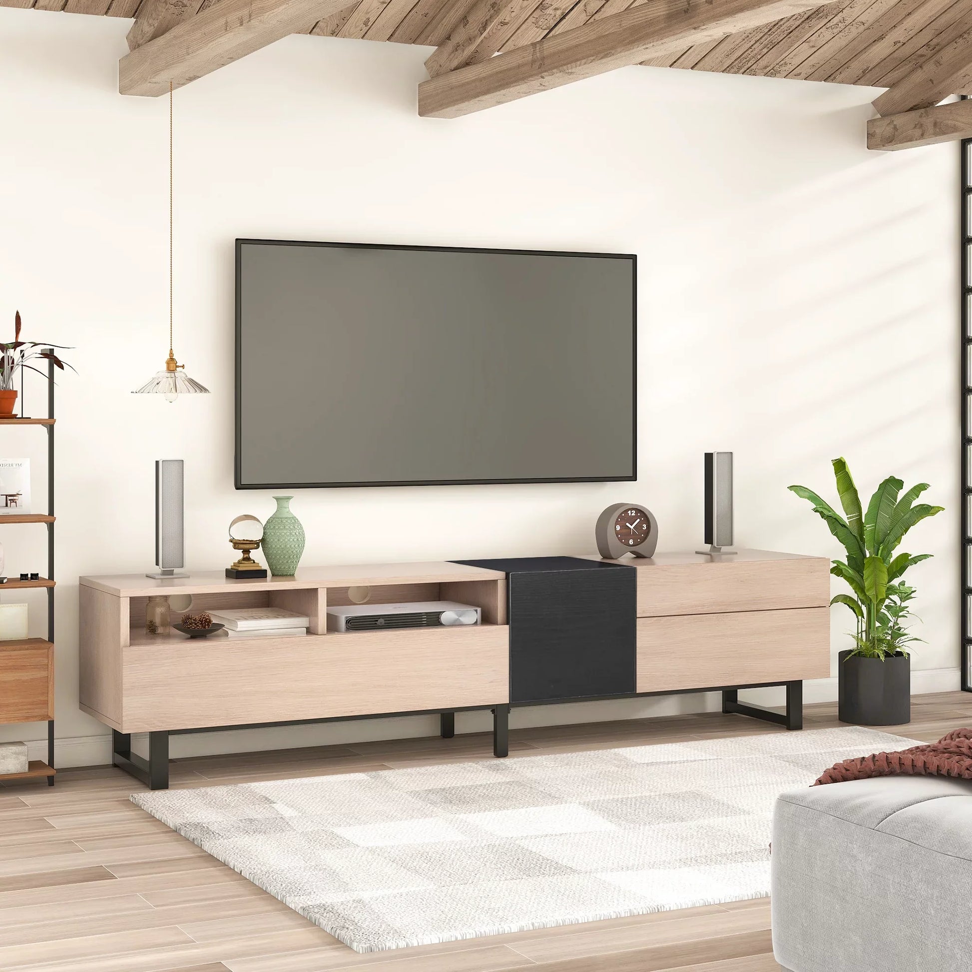 EUROCO Mid-Century Modern TV Stand Up to 80" Contemporary Rectangle ,Unique Style TV Console Table with Drop Down Door & Large Storage Cabinet for Living Room Bedroom