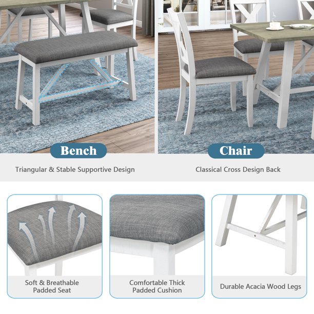 EUROCO 6-Piece Wood Dining Table and Chairs,Rustic Style Kitchen Table Set with Table, Bench and 4 Chairs, White+Gray
