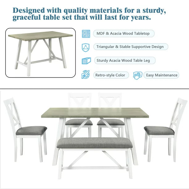 EUROCO 6-Piece Wood Dining Table and Chairs,Rustic Style Kitchen Table Set with Table, Bench and 4 Chairs, White+Gray
