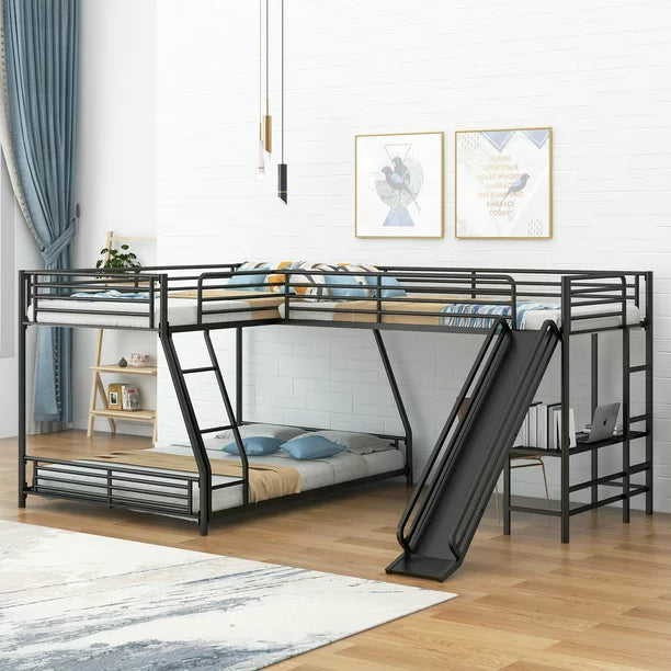 Metal L-Shaped Twin over Full Bunk and Loft Bed with Desk for Kids, Black