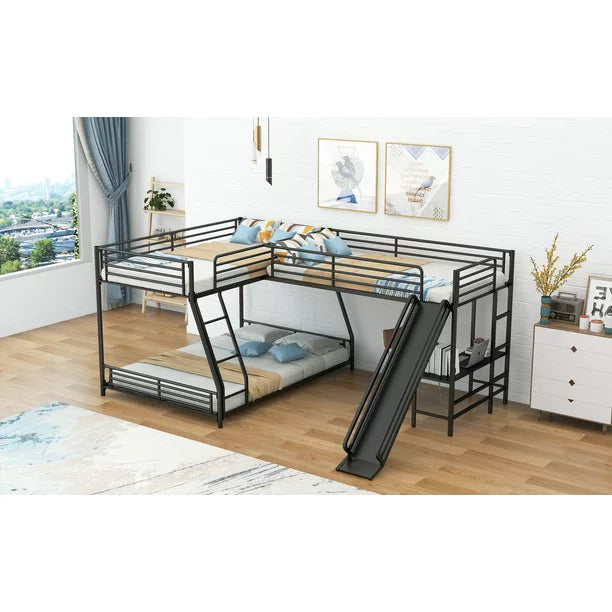 Metal L-Shaped Twin over Full Bunk and Loft Bed with Desk for Kids, Black