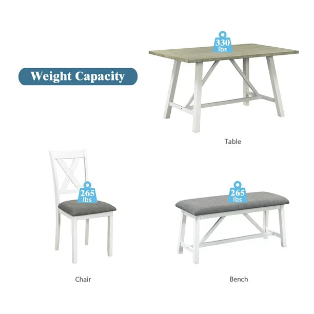 EUROCO 6-Piece Wood Dining Table and Chairs,Rustic Style Kitchen Table Set with Table, Bench and 4 Chairs, White+Gray