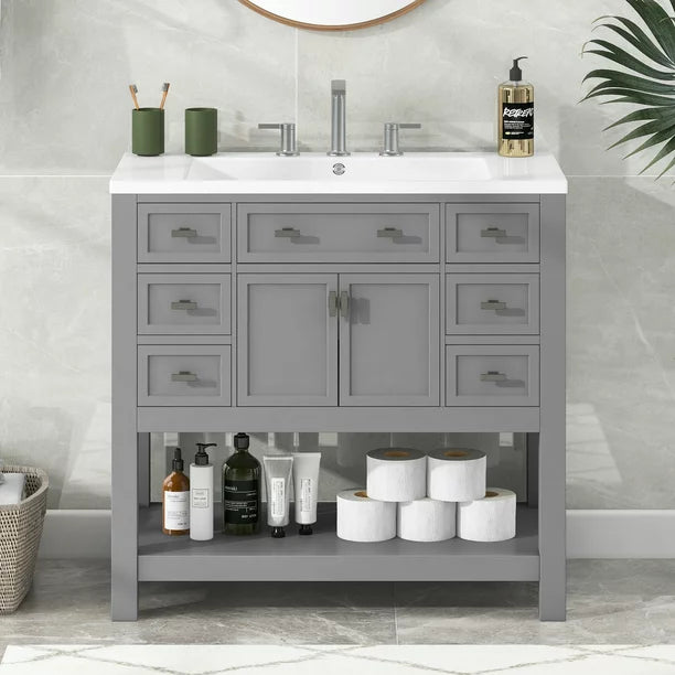 EUROCO 36" Bathroom Vanity with Top Sink, Modern Bathroom Storage Cabinet with 2 Soft Closing Doors and 6 Drawers, Single Sink Bathroom Vanity