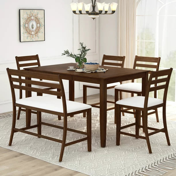 EUROCO 36.2"H 6-Piece Counter Height Dining Set for 6, Extendable Rectangular Table with Removable Leaf,Bench with Back,Dining Table and Chairs