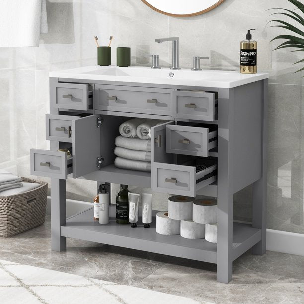 EUROCO 36" Bathroom Vanity with Top Sink, Modern Bathroom Storage Cabinet with 2 Soft Closing Doors and 6 Drawers, Single Sink Bathroom Vanity
