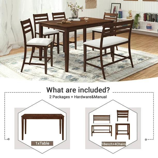 EUROCO 36.2"H 6-Piece Counter Height Dining Set for 6, Extendable Rectangular Table with Removable Leaf,Bench with Back,Dining Table and Chairs