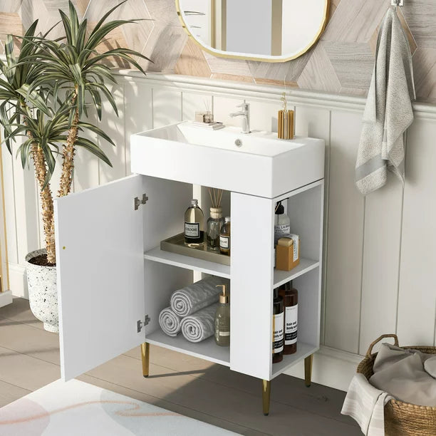 EUROCO 21.6" Bathroom vanity Cabinet with Ceramic Vessel Sink,Right side storge