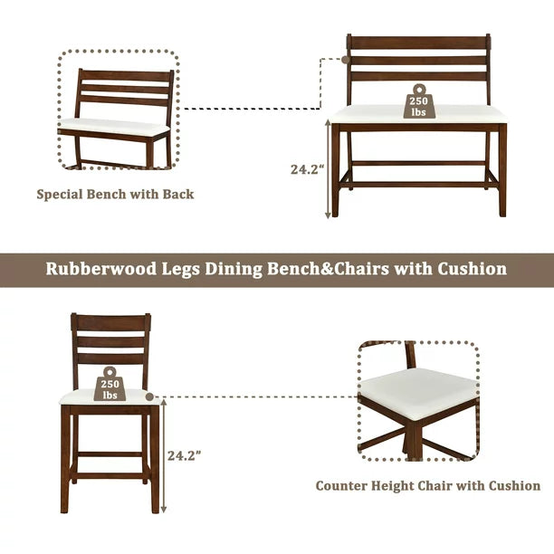 EUROCO 36.2"H 6-Piece Counter Height Dining Set for 6, Extendable Rectangular Table with Removable Leaf,Bench with Back,Dining Table and Chairs