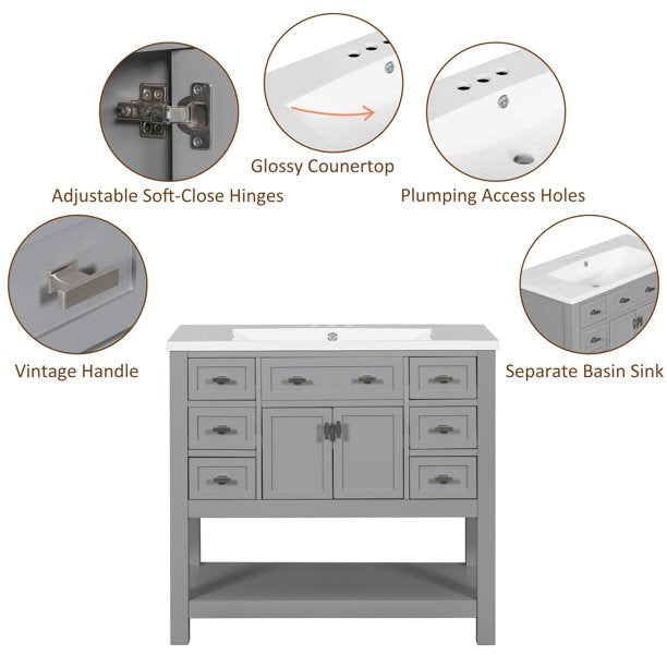 EUROCO 36" Bathroom Vanity with Top Sink, Modern Bathroom Storage Cabinet with 2 Soft Closing Doors and 6 Drawers, Single Sink Bathroom Vanity