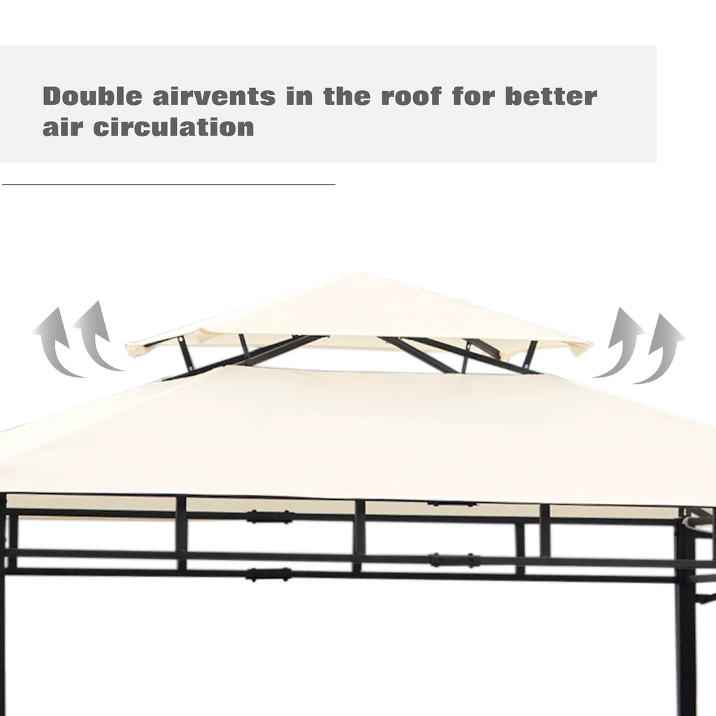 Euroco Patio Grill Gazebo with Bar Counters, Backyard BBQ Grill Shelter Double Tiered Canopy Top with Steel Frame, 12x4.3Ft, Beige