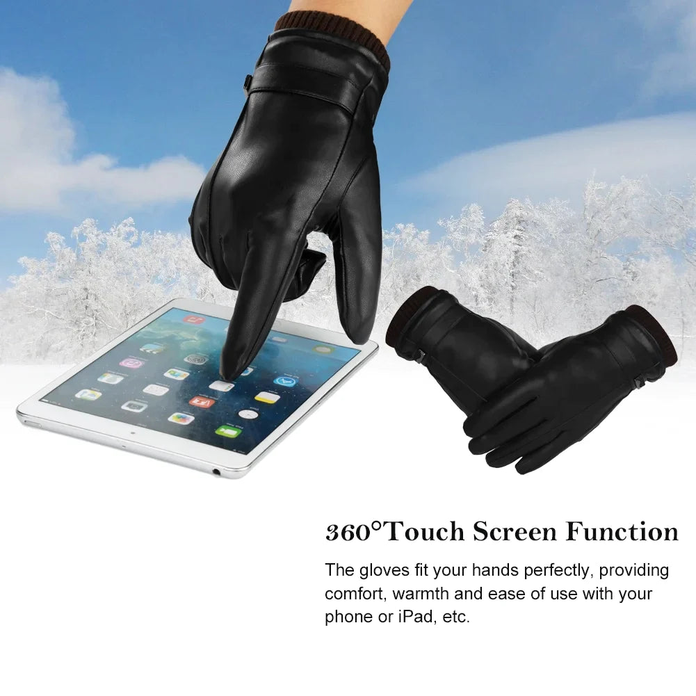 Men Leather Gloves, Warm Winter Gloves for Men Adults Anti-slip Touchscreen Gloves PU Leather Windproof Cold Weather Gloves, Black & XL