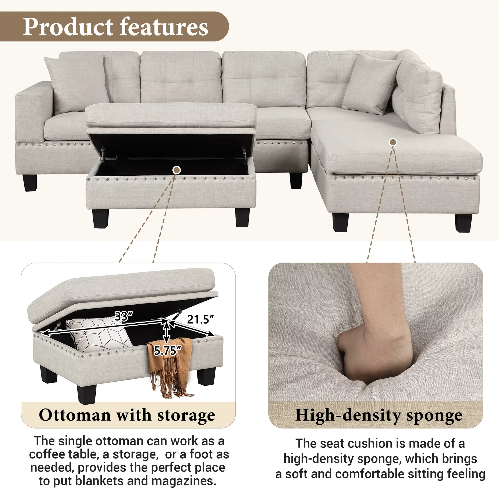 Euroco Modern Sectional Sofa with Storage Ottoman, L-Shape Couch with 2 Pillows and Cup Holder, Sectional Sofa with Reversible Chaise for Living Room, Light Gray, 104.5"