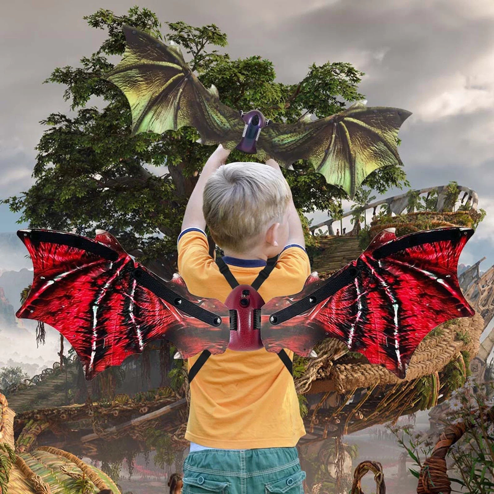 JUNBYONE Dragon Wings for Kids,Light Up & Music Moving Halloween Dino Wings - LED&Sound Dragon Wings Props Cosplay, Boys Halloween Dino Wings Cosplay Costume - Red - One Size