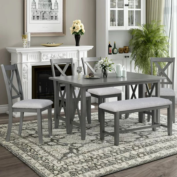 Euroco 6-Piece Dining Table,60" Solid Wood Dining Set with Rectangular Table,4 Upholstered Chairs and Bench for Dining Room