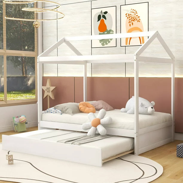 Pine Wood Full Size Beach House Bed with Trundle for Kids Bedroom, White