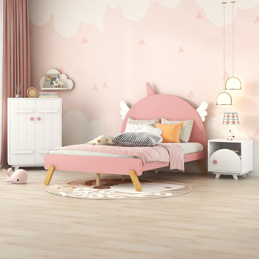 Euroco 3-Piece Bedroom Set with Full Platform Bed, Nightstand and Wardrobe, Pink