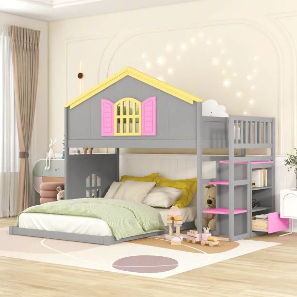 Twin over Full House Bunk Bed with Shelf and Drawer for Kids, Gray