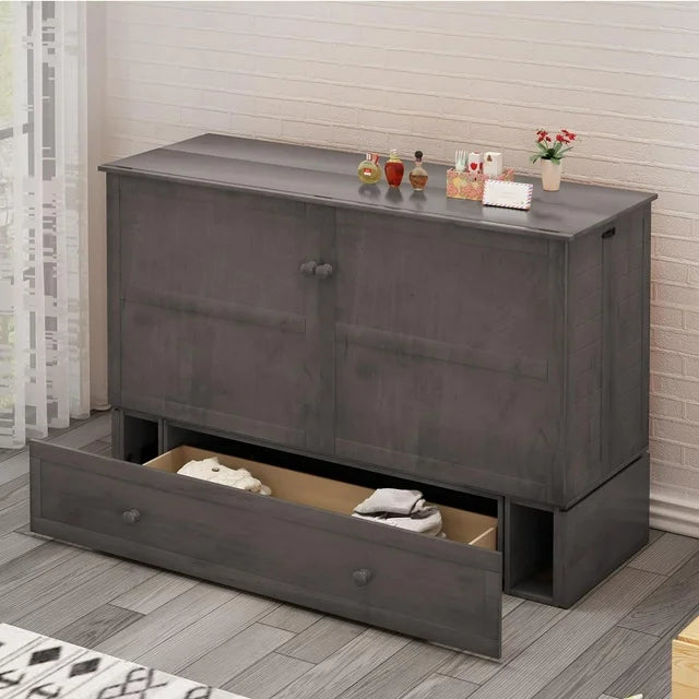 PUREMIND Murphy Bed Cabinet with Built-in Charging Station and Storage Drawer, Solid Wood Cabinet Bed Queen Size with Mattress, Murphy Cube Chest Bed for Guest Room/Home/Office(Style 8/Gray)