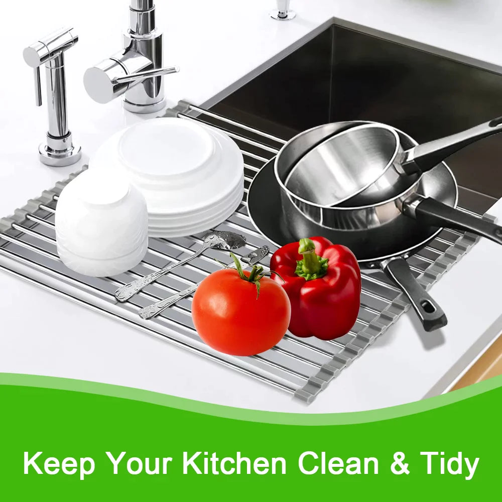 Kitchen Roll up Sink Dish Drying Rack, Dish Drainer, Stainless Steel Foldable Sink Rack Mat (17.8''x11.8'') ALPACASSO