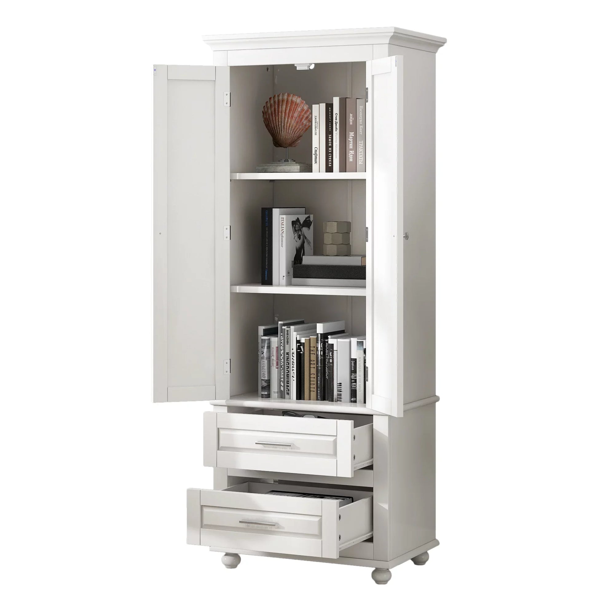 EUROCO 70" Bathroom Floor Tall Storage Cabinet,Kitchen Pantry, Farmhouse Pantry Cabinet with Glass 2 Doors & 2 Drawers and Adjustable Shelve,White