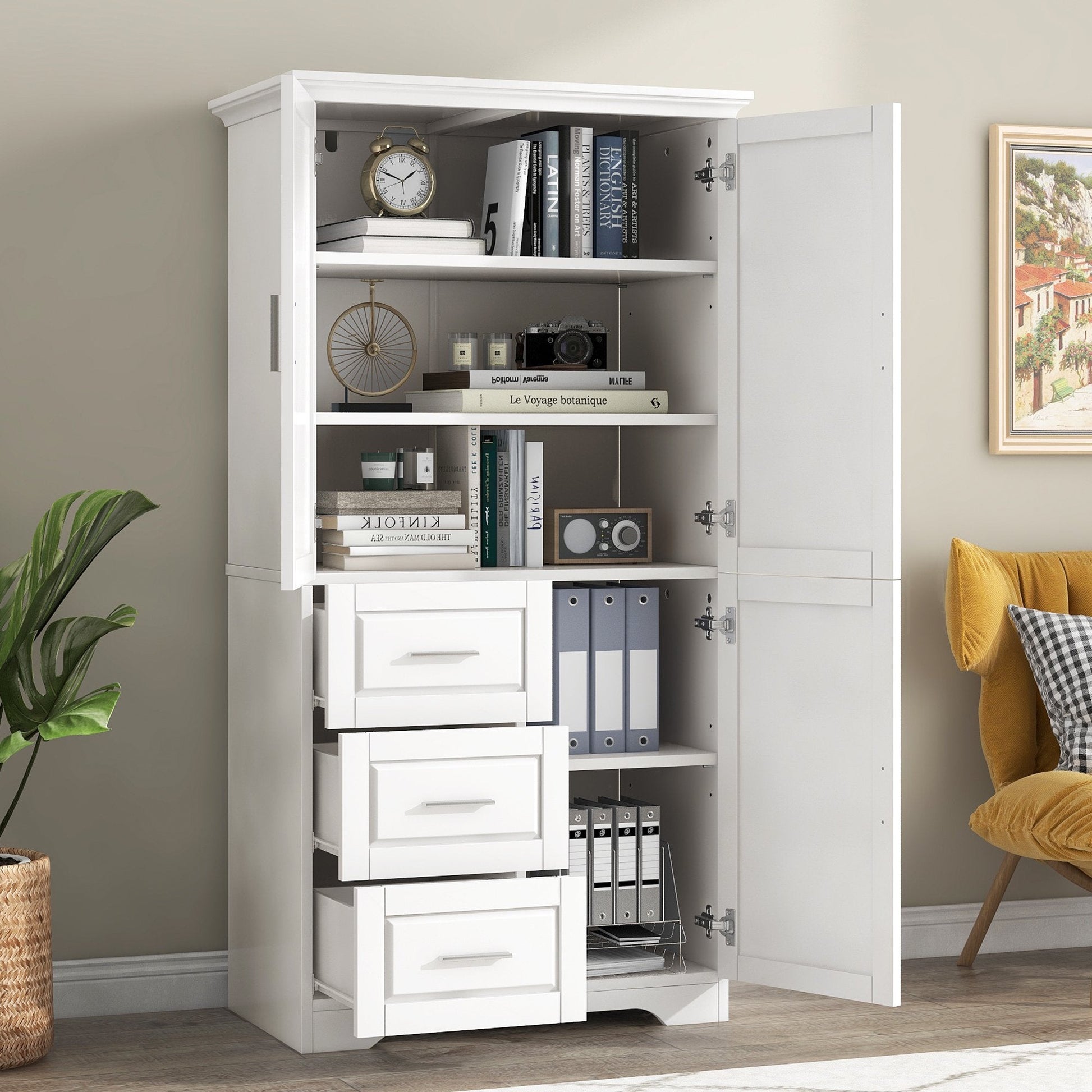 EUROCO 62.2" Bathroom Floor Tall Storage Cabinet,Kitchen Pantry, Farmhouse Pantry Cabinet with Glass 3 Doors & 3 Drawers and Adjustable Shelves,White