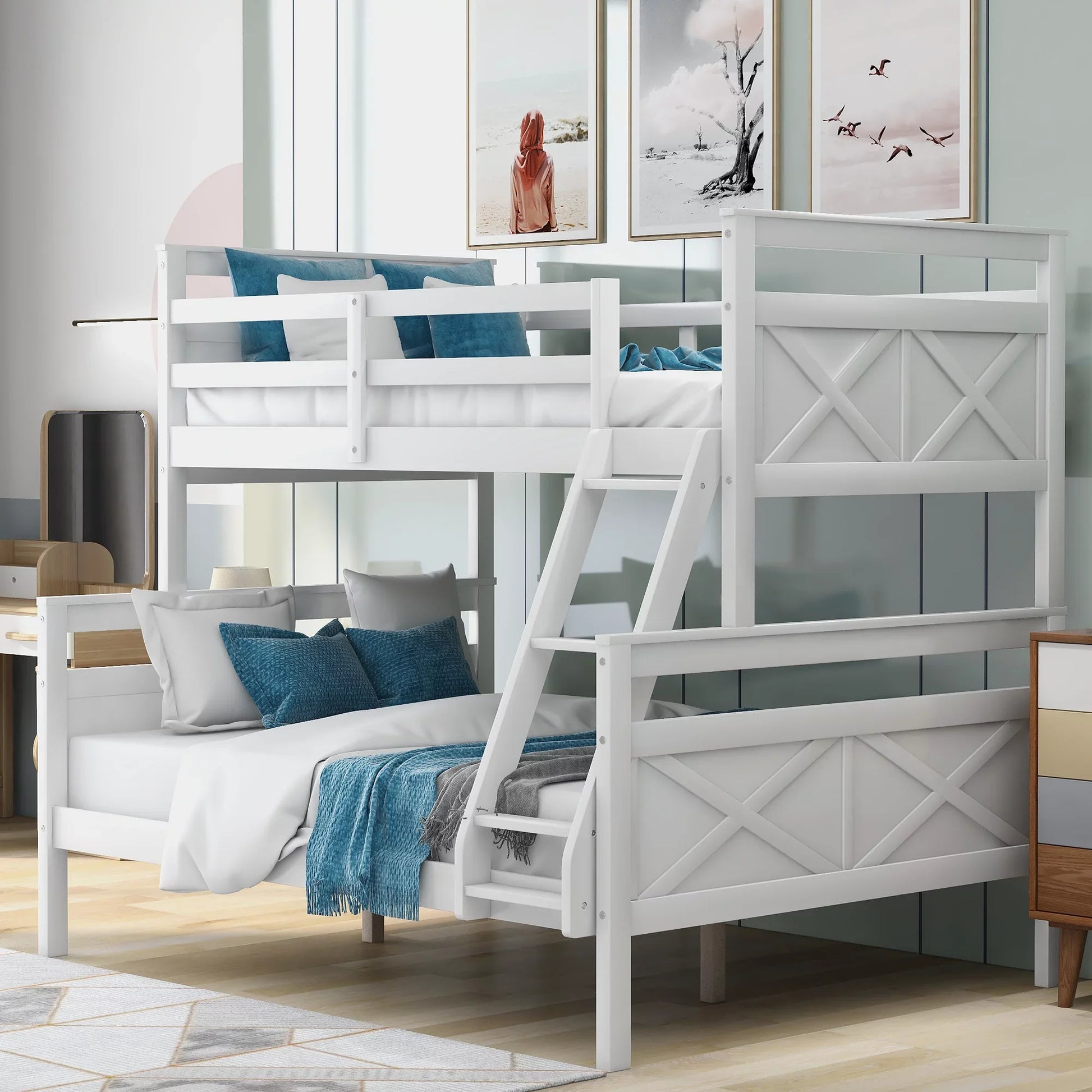 Euroco Twin over Full Wood Bunk Bed with Ladder for Kid's Room