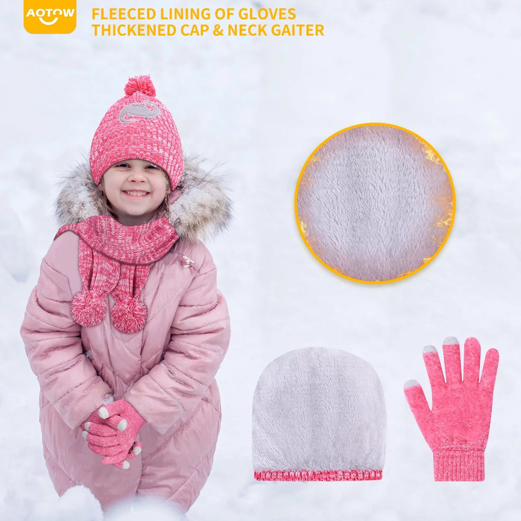 Vbiger Kids Winter Hat Scarf Gloves Set 3pcs Warm Knit Beanie Cap Circle Scarf Mitten with Fleece Lining for Children 5-10 Years Old, Pink
