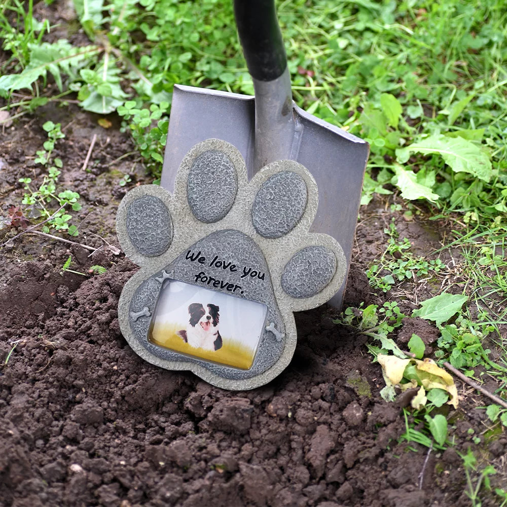 WE LOVE YOU FOREVER Paw Print Pet Memorial Stone, Grave Marker with Customizable Photo Frame Slot, Loss Of Pet Gift, Personalized Dog or Cat Memorial Headstone, 8.25” x 8” x 1.5”