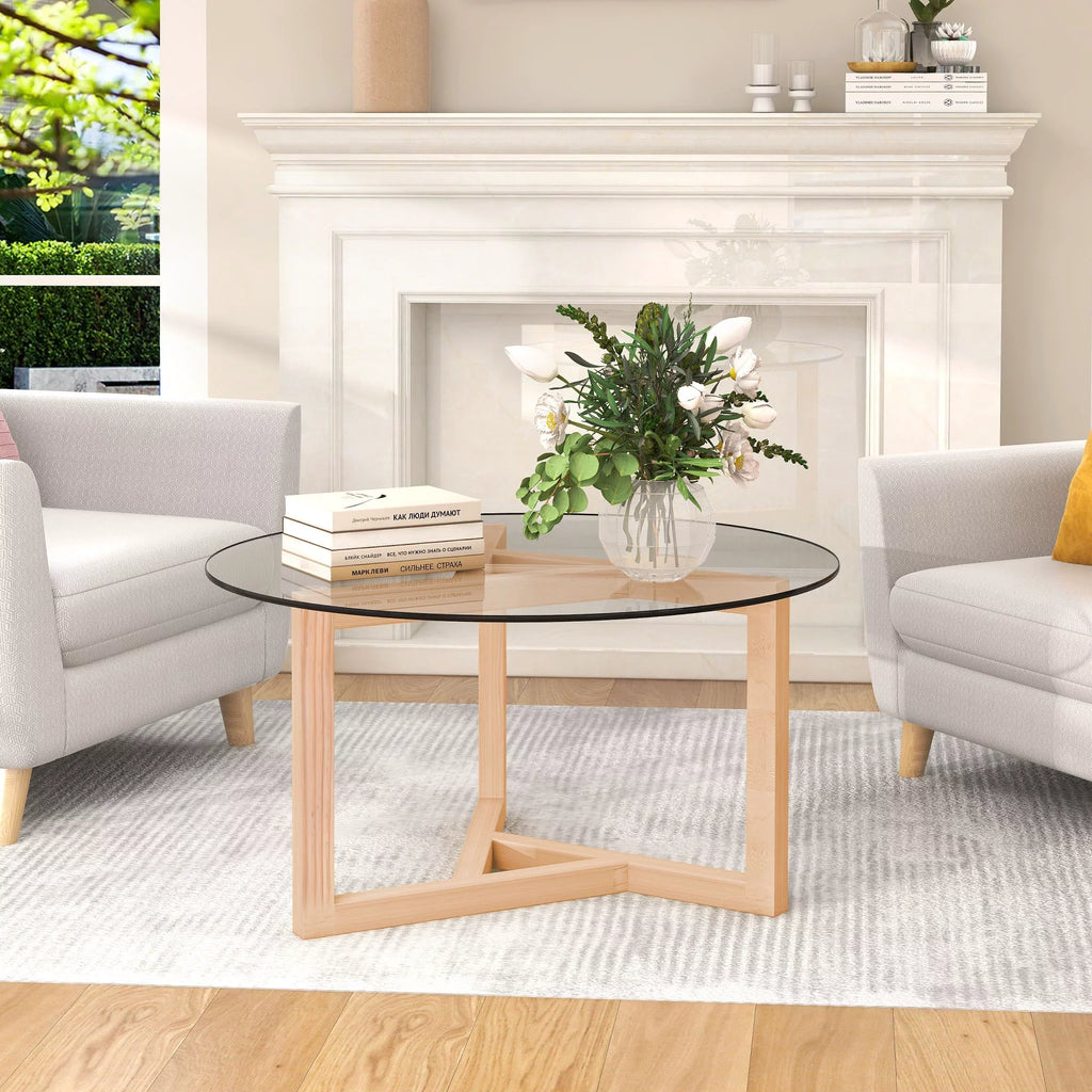 EUROCO Round Glass Coffee Table Modern Cocktail Table Easy Assembly with Tempered Glass Top & Sturdy Wood Base, Natural