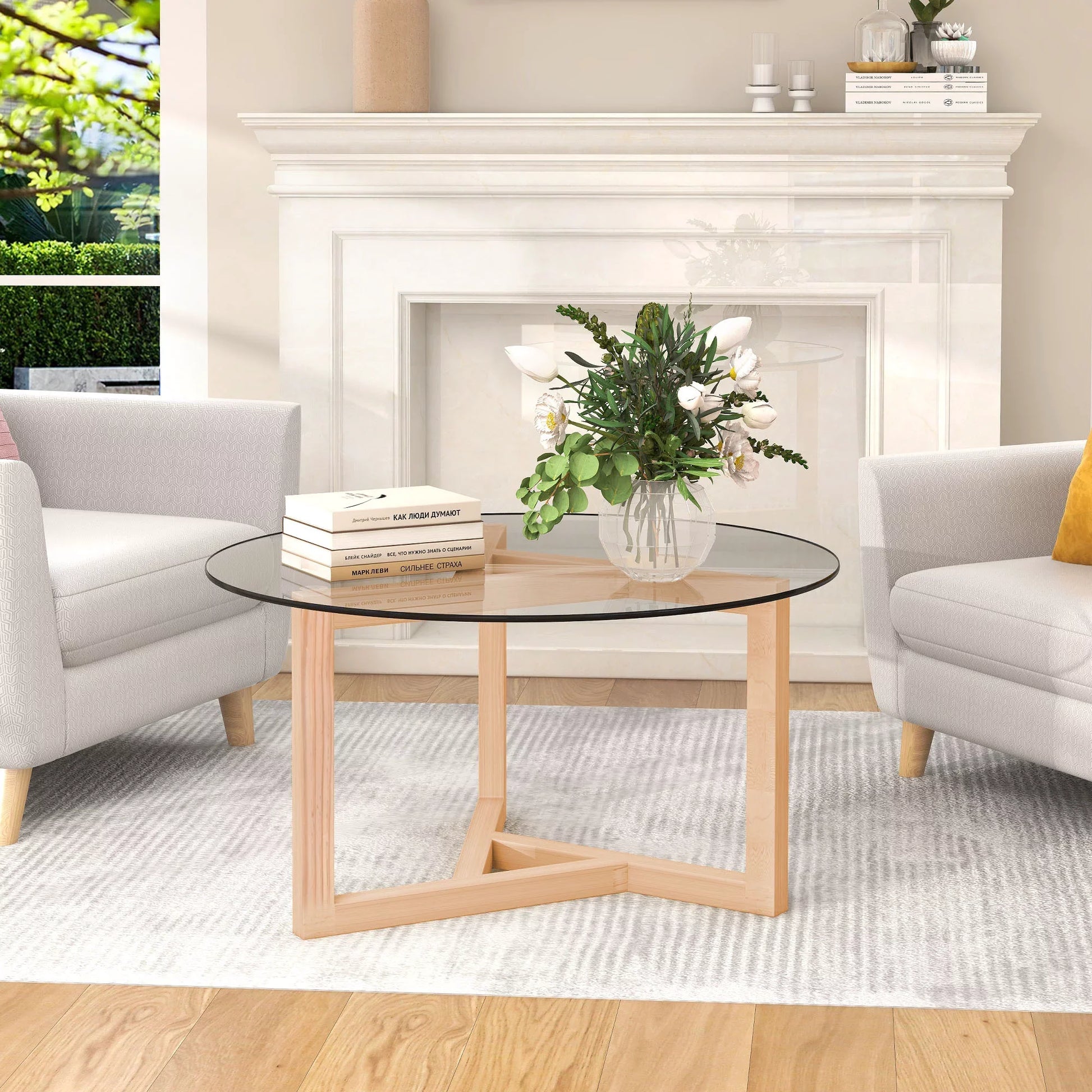 EUROCO Round Glass Coffee Table Modern Cocktail Table Easy Assembly with Tempered Glass Top & Sturdy Wood Base, Natural
