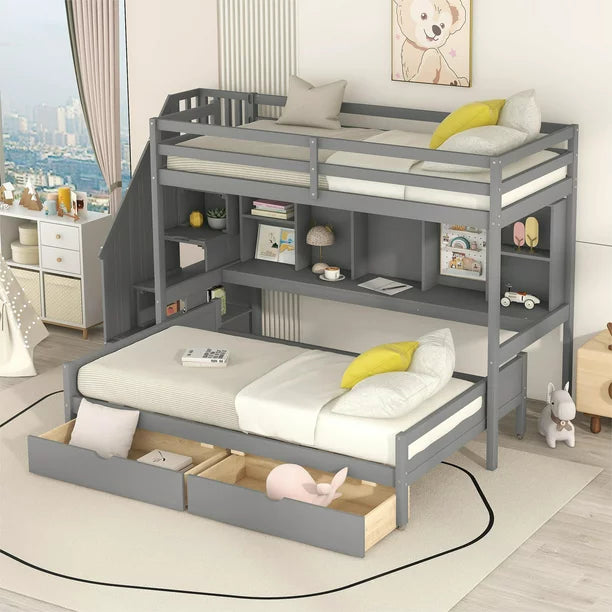 Pine Wood Twin XL over Full Bunk Bed with Storage Shelves and Staircase, Gray