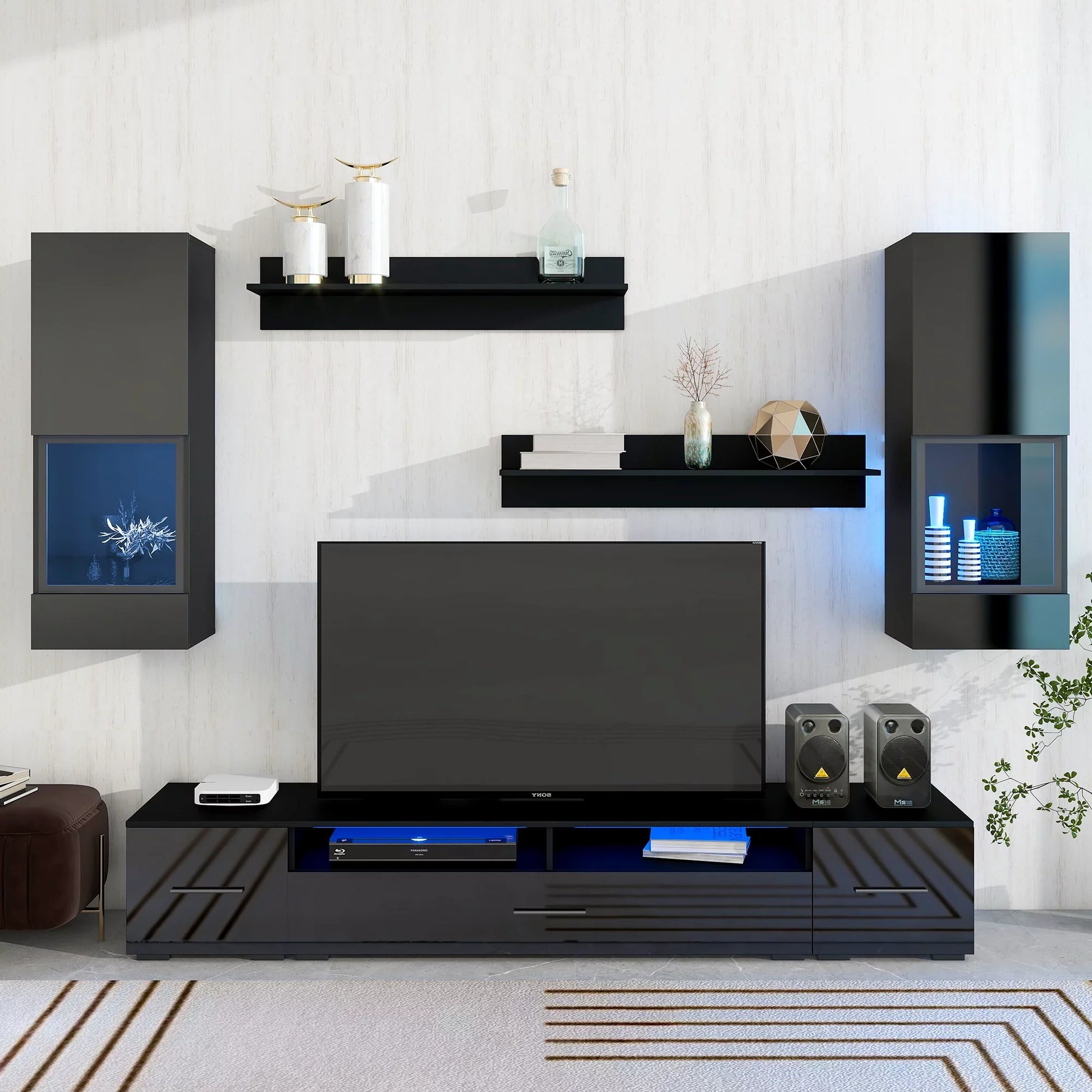 EUROCO 7PCS Floating TV Stand Set Up to 90"+ High Gloss Wall Mounted Entertainment Center with 16-color LED Light Strips,Extended, Minimalist Style,Black