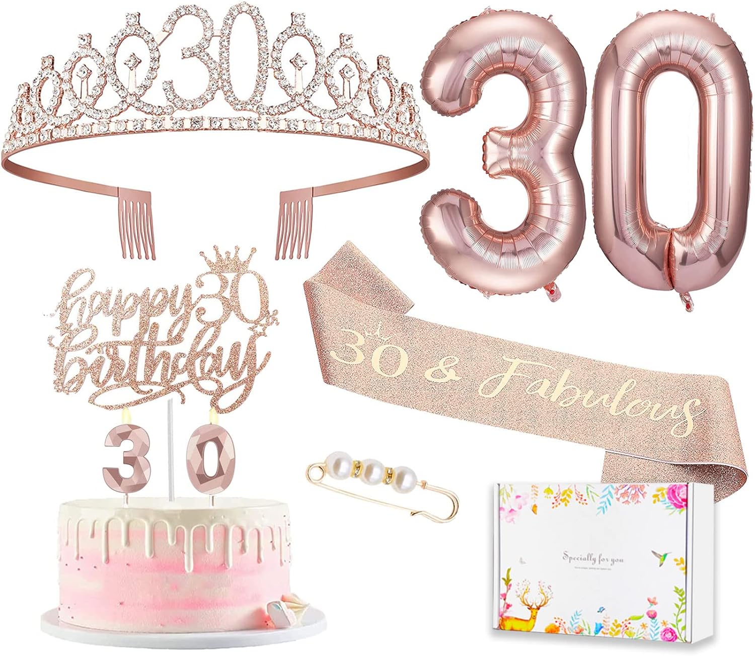 Rose Gold 30th Birthday Decoration Kit, Including Birthday Sash, Crown, Happy Birthday Letters Balloons, Cake Topper and Candles