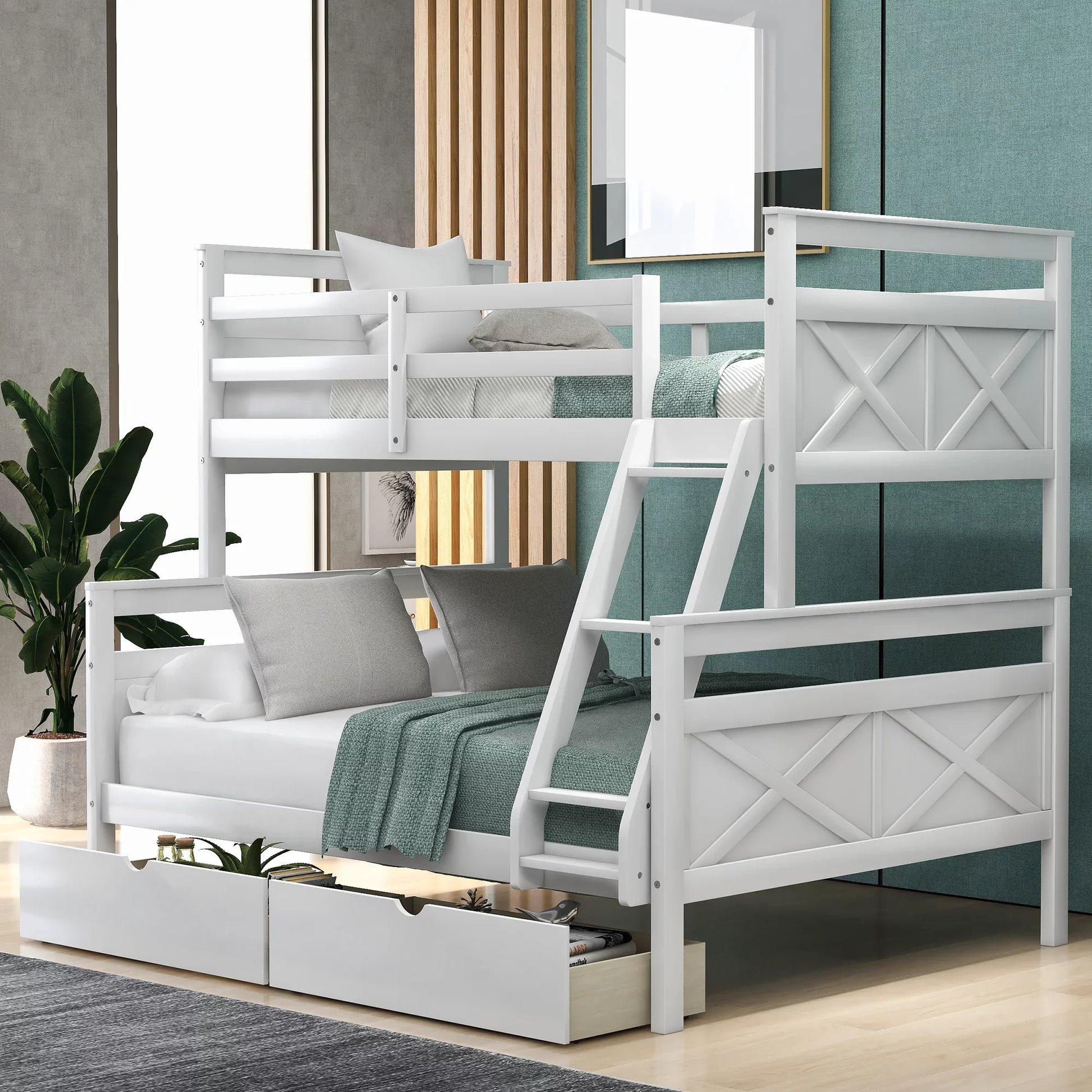 Euroco Twin over Full Wood Convertible Bunk Bed with Drawers for Bedroom