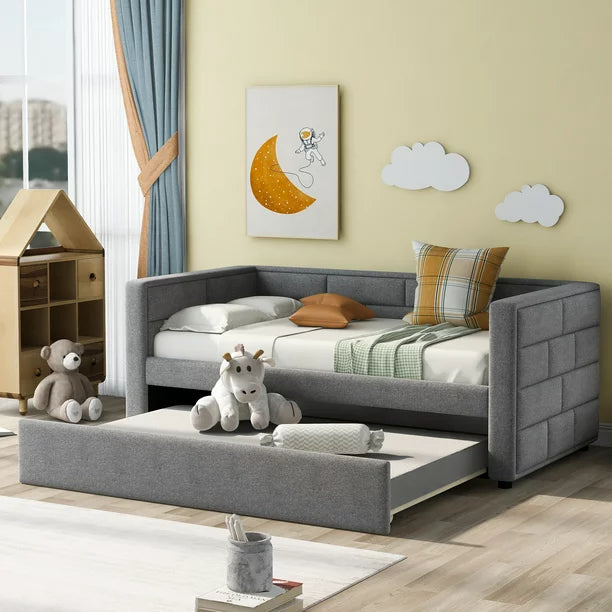 Euroco Twin Size Daybed with Trundle, Upholstered with Padded Back, Gray