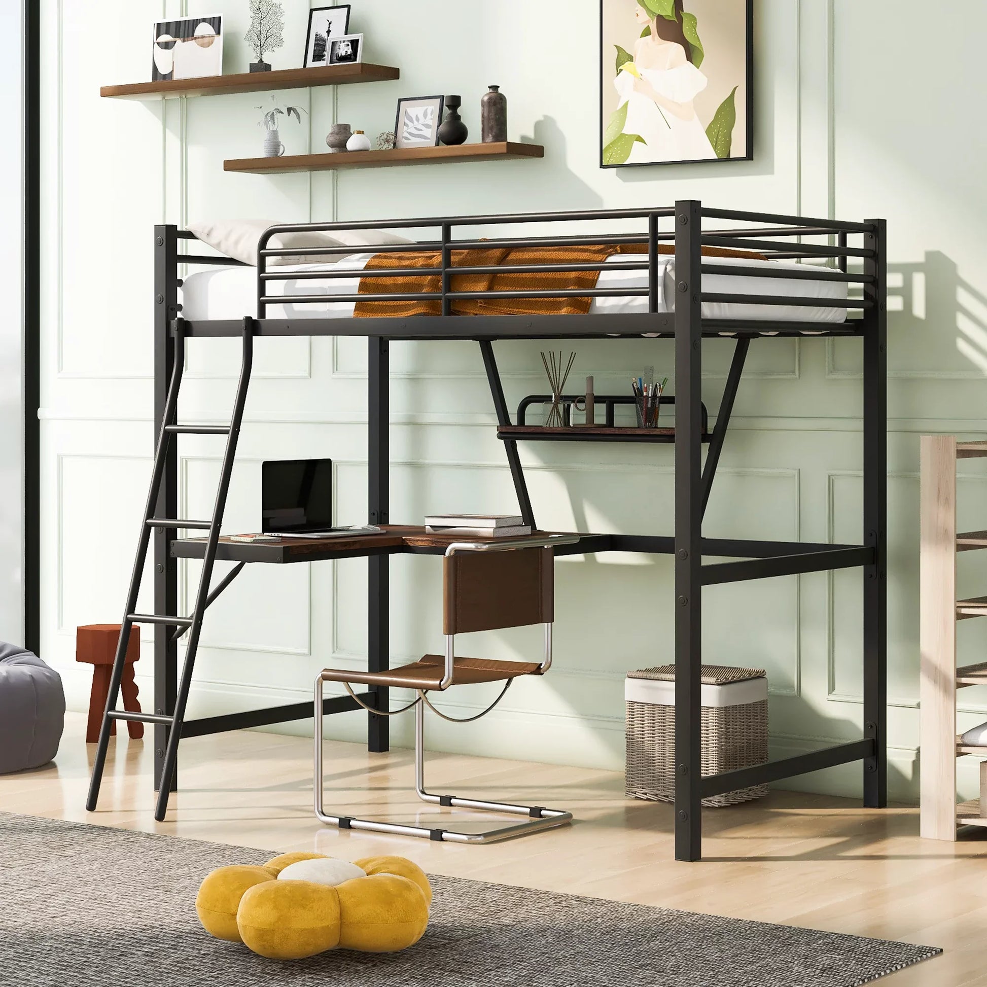 Euroco Metal Loft Bed for Kids, Twin, Black