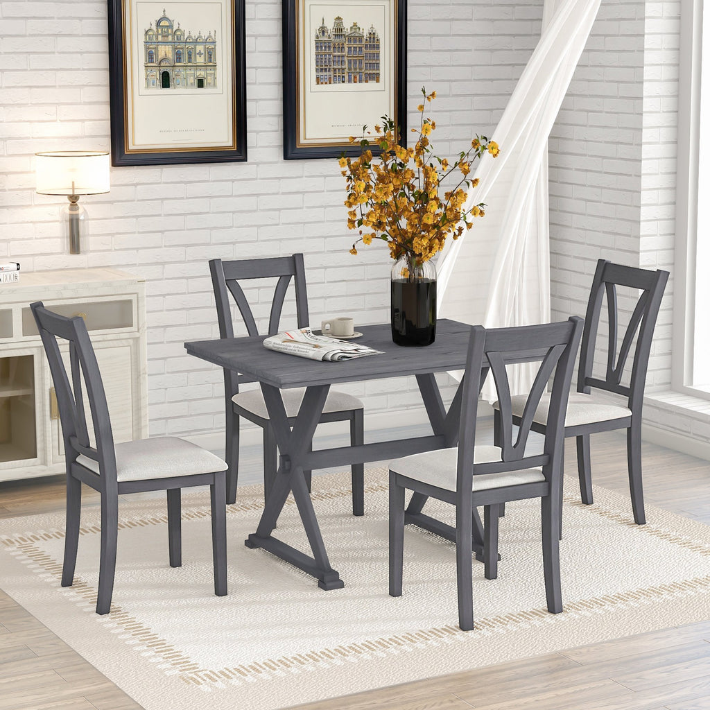 EUROCO Mid-Century Wood 5-Piece Dining Table Set with 4 Upholstered Dining Chairs for Small Places, Antique Grey