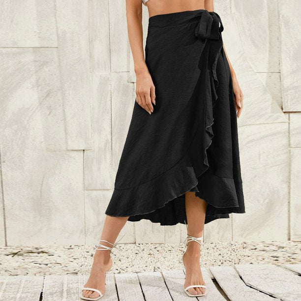 Clearance!Midi Skirt OTEMRCLOC Women's Floral Flowy Midi Skirts Wrap Ruffle High Waisted Slit Beach Skirt Black XL