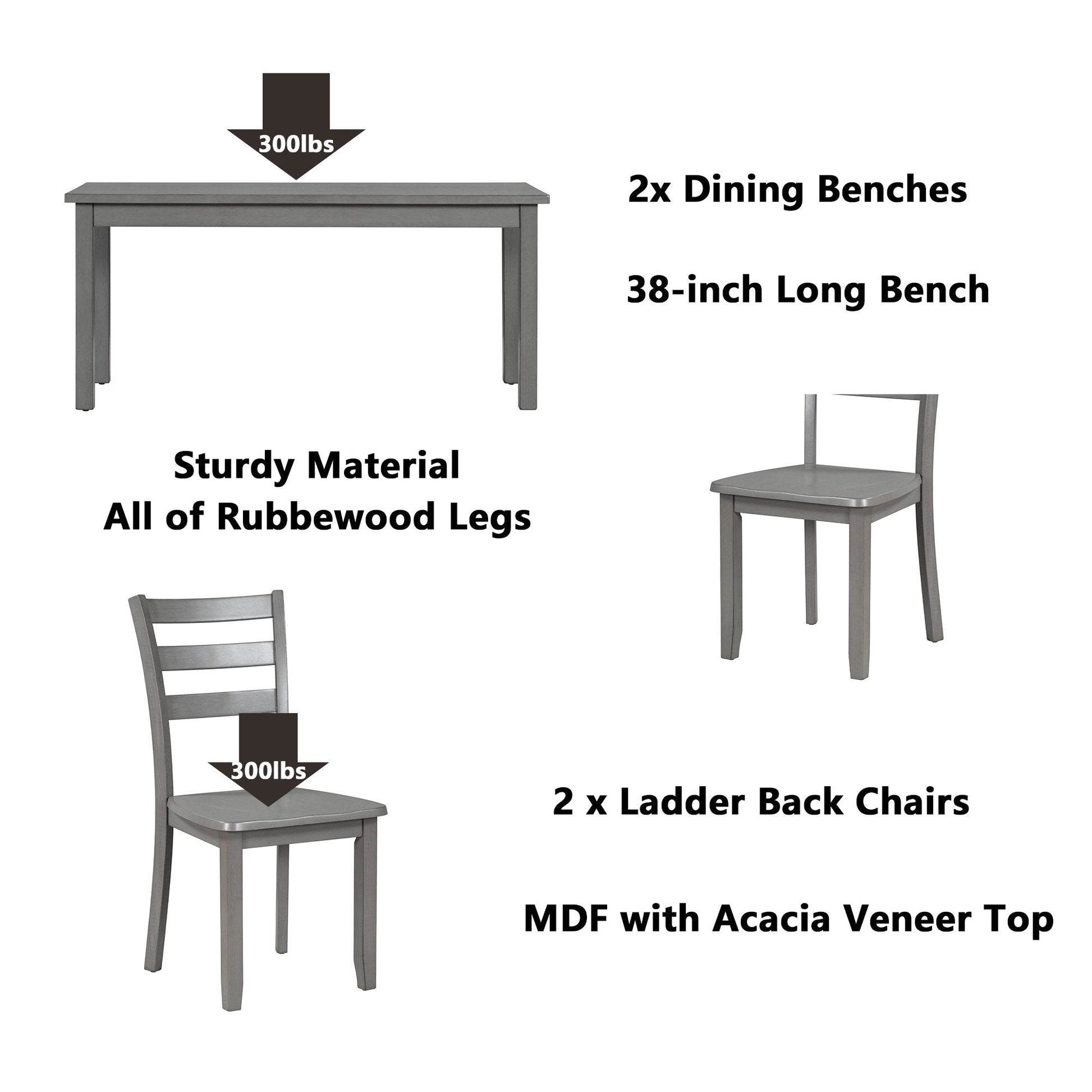 EUROCO 48" 5-Piece Dining Table Set,Solid Wood Kitchen Table with 2 Dining Chairs and 2 Benches,Gray