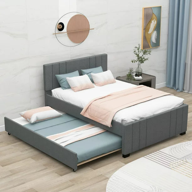 Euroco Full Size Upholstered Platform Bed with Trundle for Kids, Gray