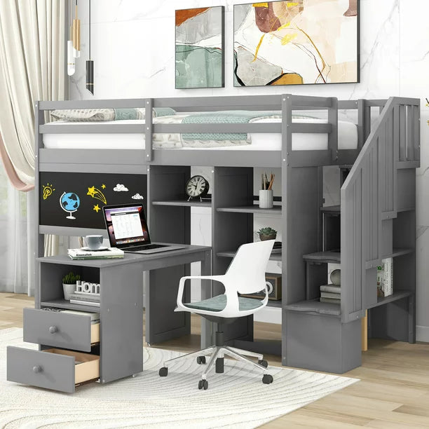 Pine Wood Loft Bed with Storage Staircase, Desk, Drawers and Blackboard for Kids, Twin, Gray