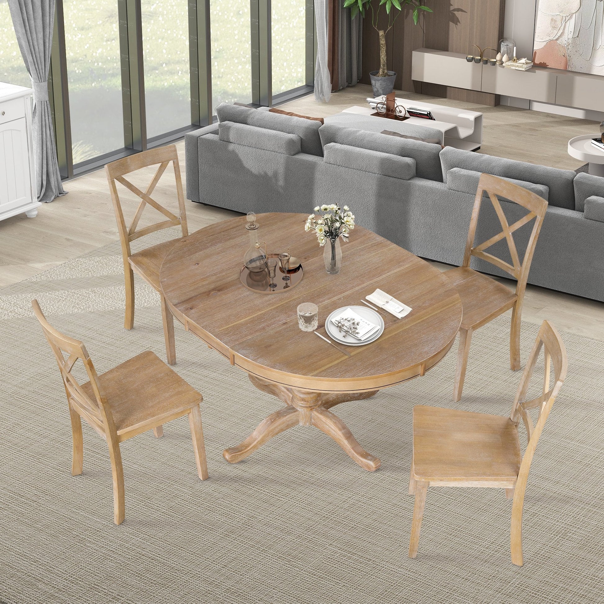 EUROCO 5 Piece Dining Room Table Set,42" Round Dining Table with Extendable Tabletop & Breakfast Nook,Easy Clean Tabletop,Natural Wood Wash