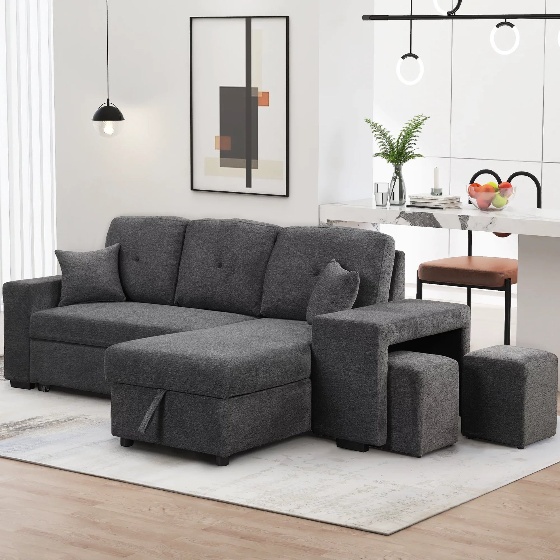 Euroco L-Shaped Sectional Sofa Bed with Side Shelf and 2 Stools, Reversible Sleeper Pull-Out Sofa Bed for Living Room, Dark Gray