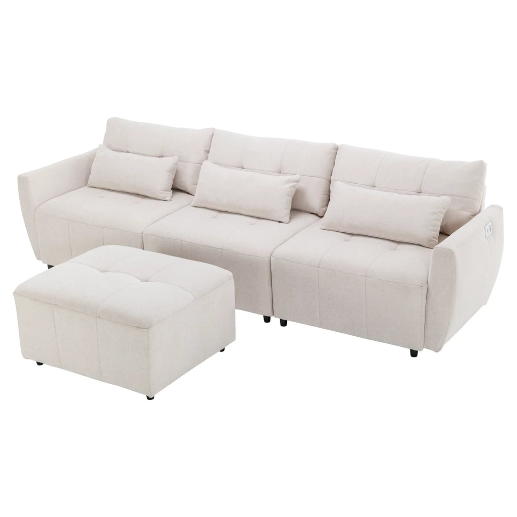 Euroco Convertible Sectional Sofa with Ottaman, L-Shaped Sofa with USB Port for Living Room, Beige, 113.3" L