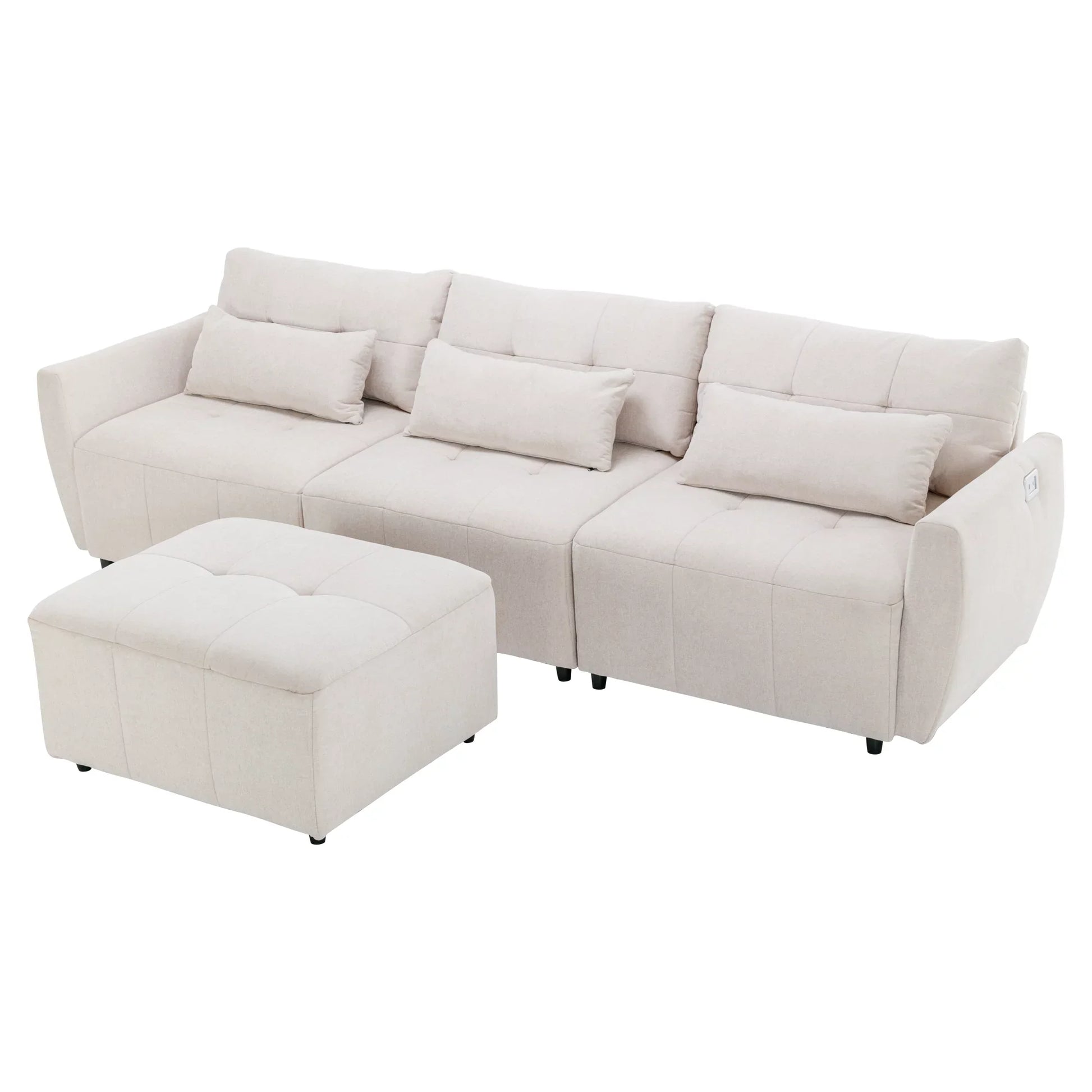 Euroco Convertible Sectional Sofa with Ottaman, L-Shaped Sofa with USB Port for Living Room, Beige, 113.3" L