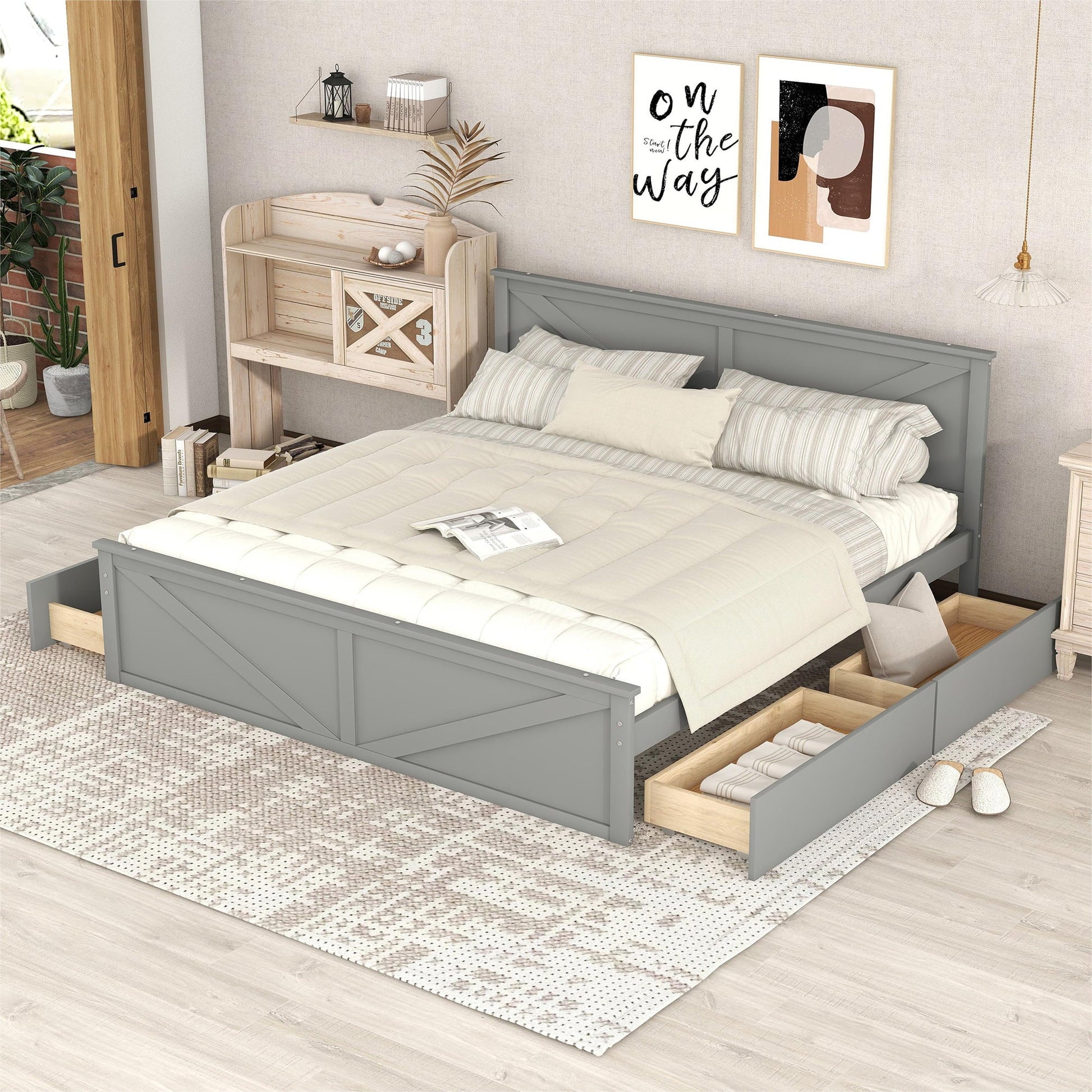 Pine Wood King Size Platform Bed with Four Storage Drawers for Living Room, Gray