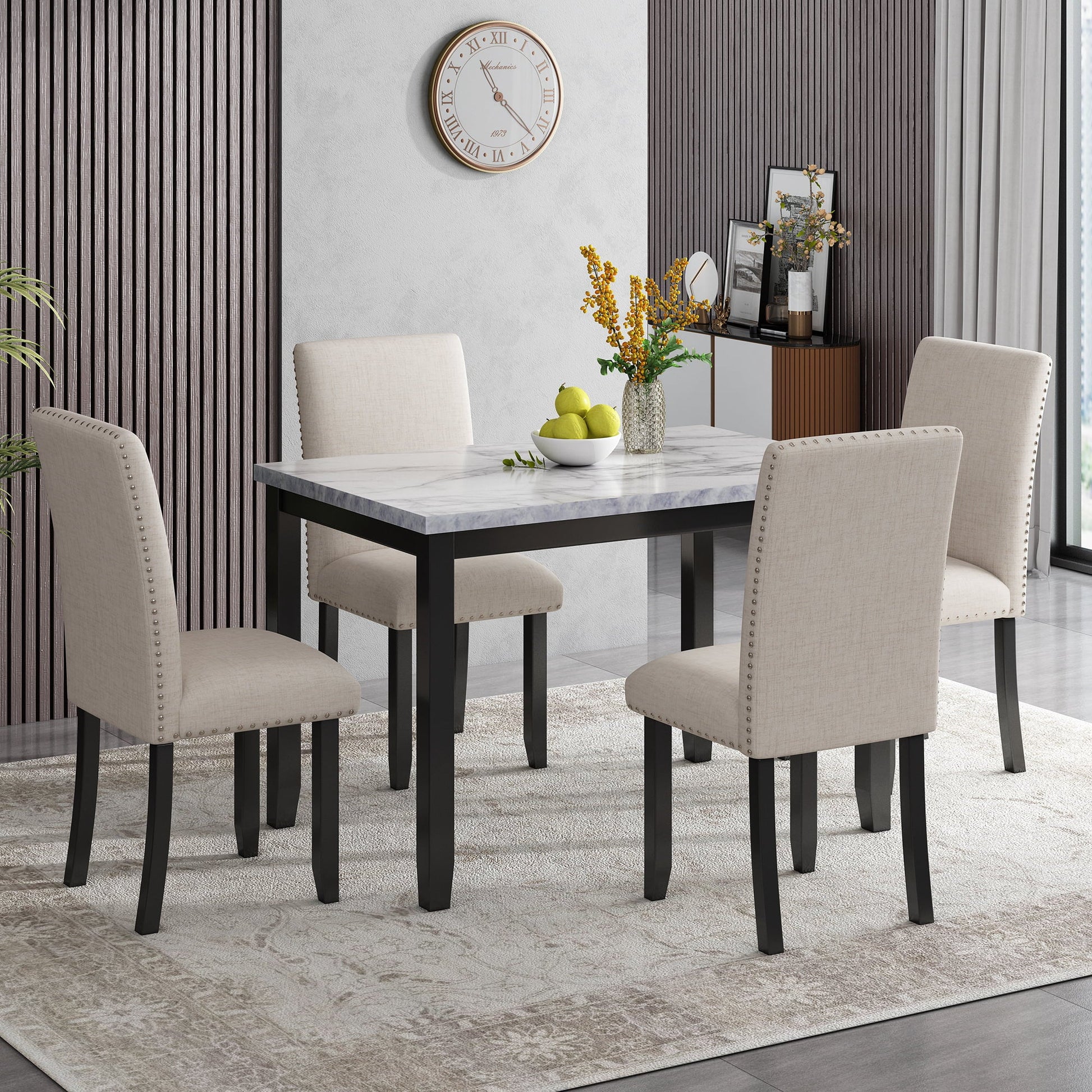 Euroco 45.3" Faux Marble 5-Piece Dining Set Table with 4 Thicken Cushion Dining Chairs Home Furniture, White/Beige+Black