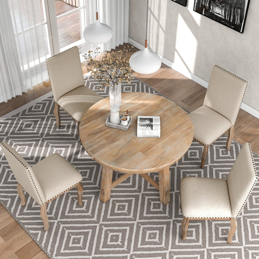 Euroco 5-Piece Farmhouse Dining Table Set Wood Round Extendable Dining Table and 4 Upholstered Dining Chairs (Natural Wood Wash)