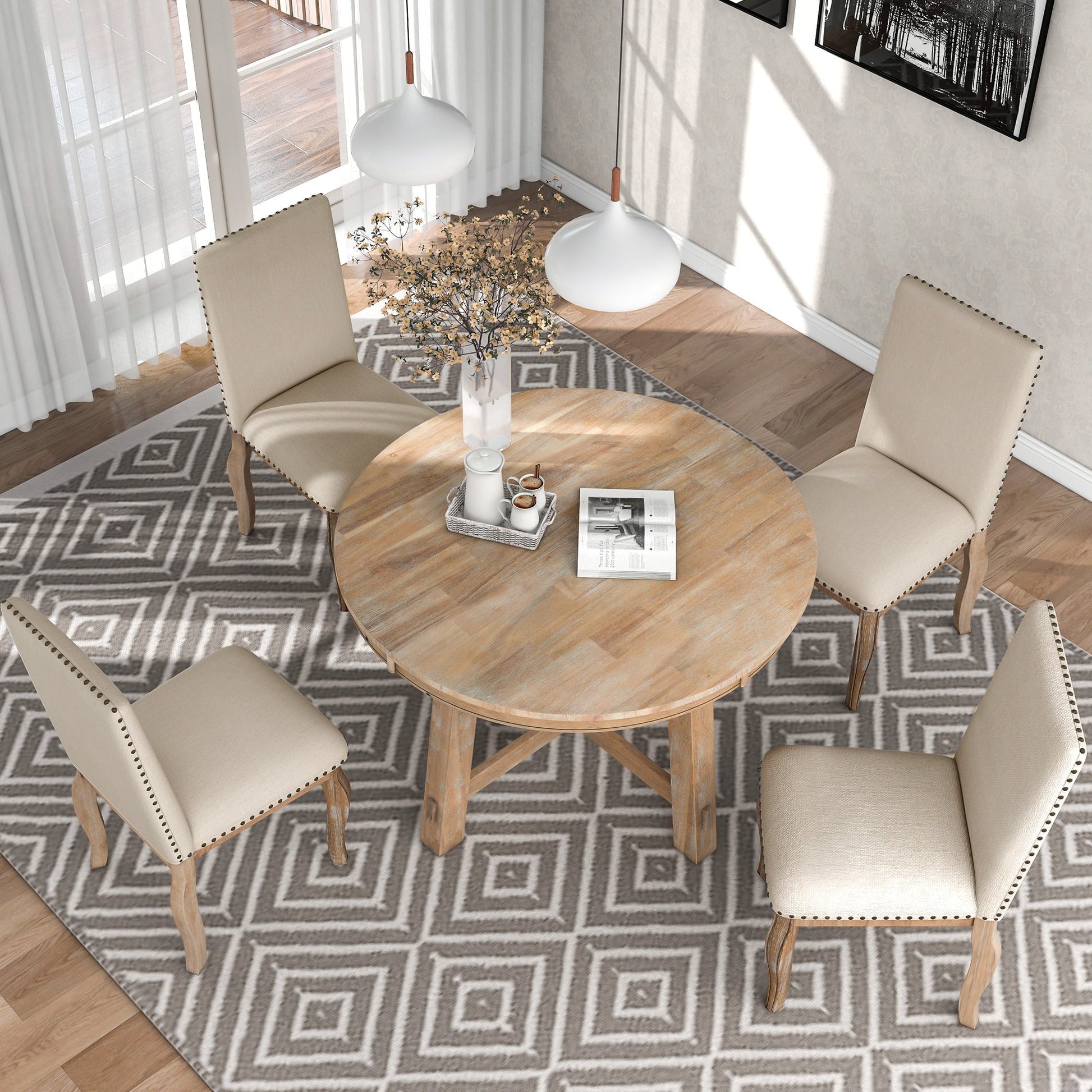 Euroco 5-Piece Farmhouse Dining Table Set Wood Round Extendable Dining Table and 4 Upholstered Dining Chairs (Natural Wood Wash)