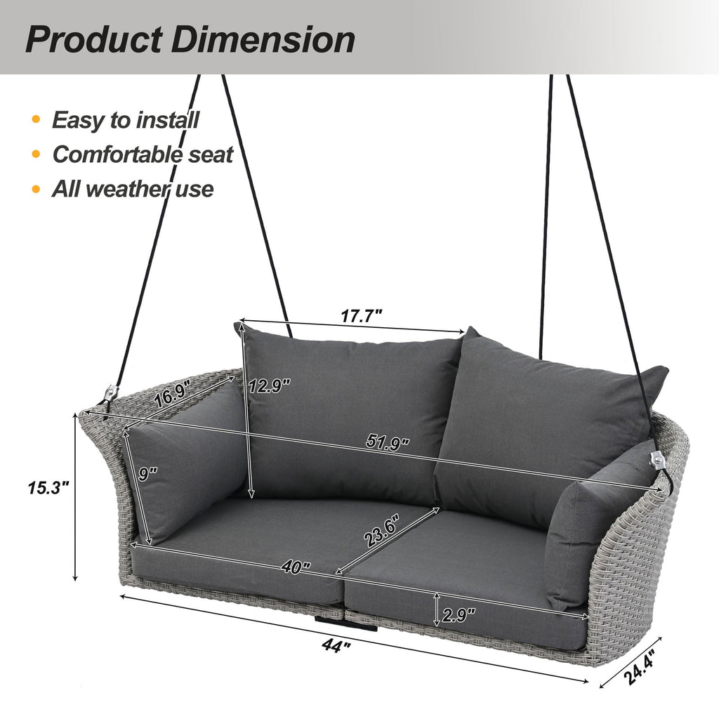 Euroco 2-Person Hanging Seat, Rattan Woven Swing Chair, Porch Swing With Ropes, Gray, 52"